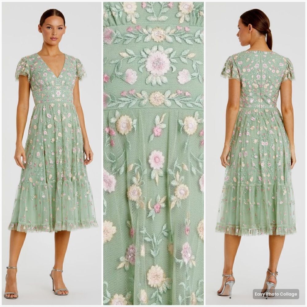 Mac Duggal 35104 Green Multicolor Embroidered V Neck Cap Sleeve Midi Dress